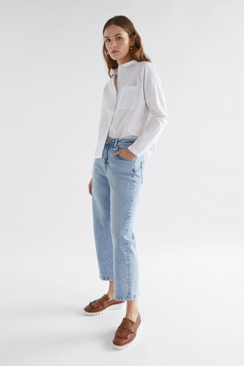 Rinna Organic Cotton White Everyday Shirt with Front Pocket Model Angled Front Full Body | WHITE