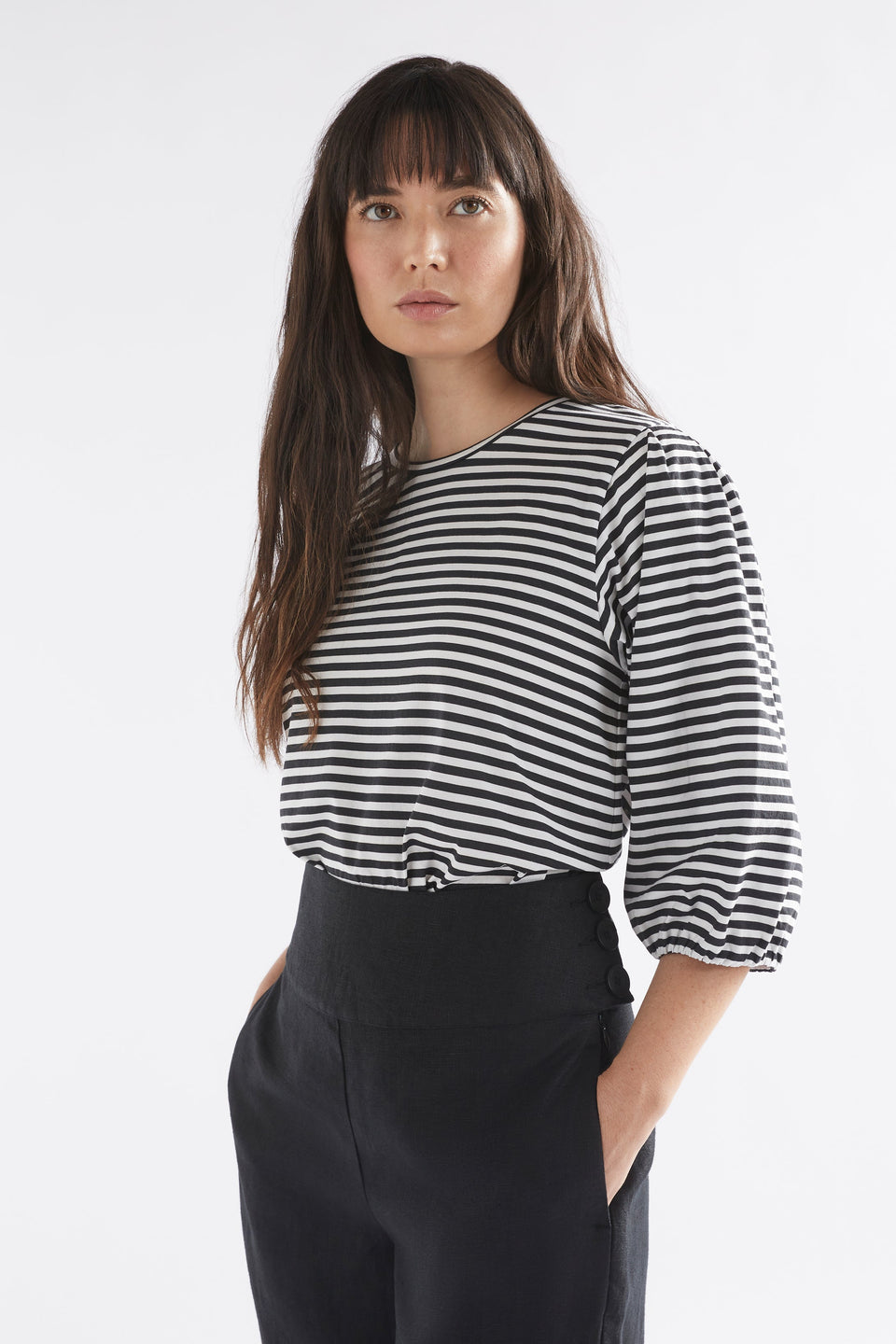 Maer Organic Cotton Balloon Sleeve Jersey Top Model Angled Front | BLACK WHITE
