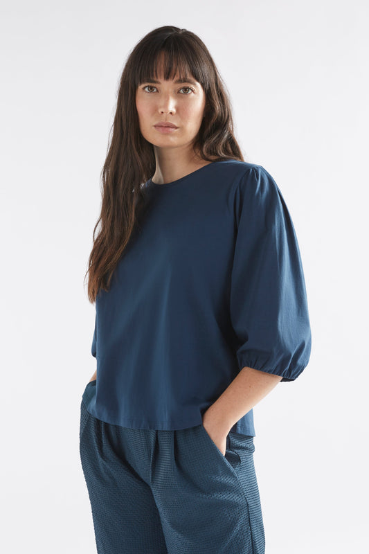 Maer Organic Cotton Balloon Sleeve Jersey Top Model Angled Front | DEEP SEA BLUE