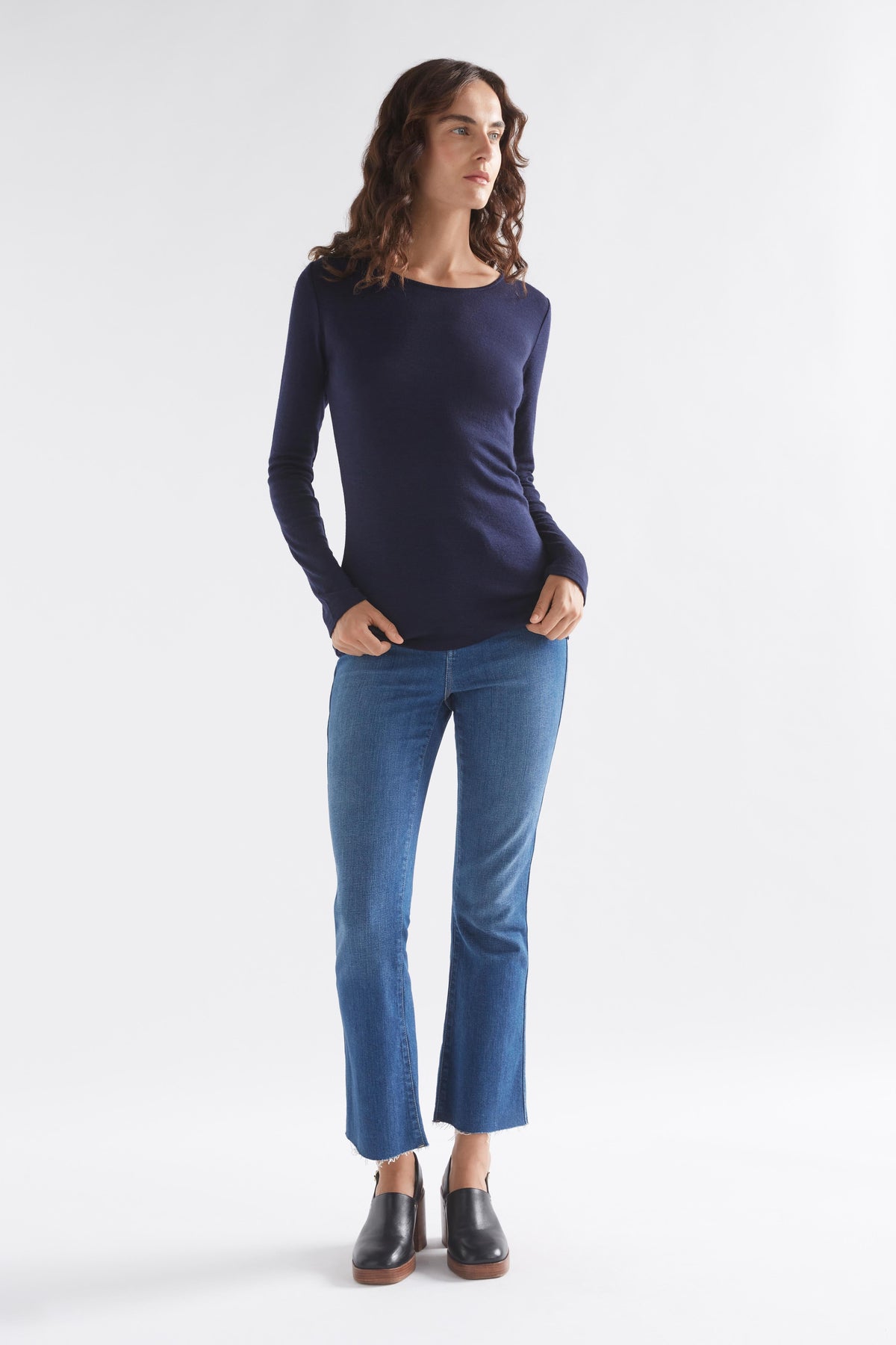 Merino Wool Long Sleeve Skin Top Model Back Curve | BRIGHT NAVY