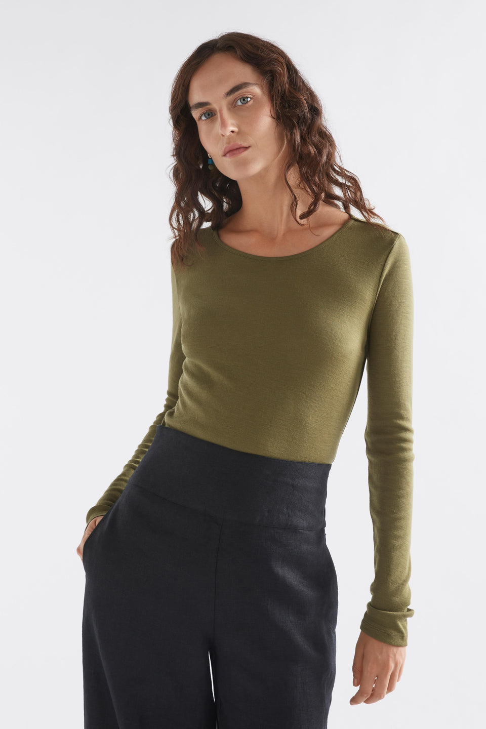 Merino Wool Long Sleeve Skin Top Model Front | OLIVE