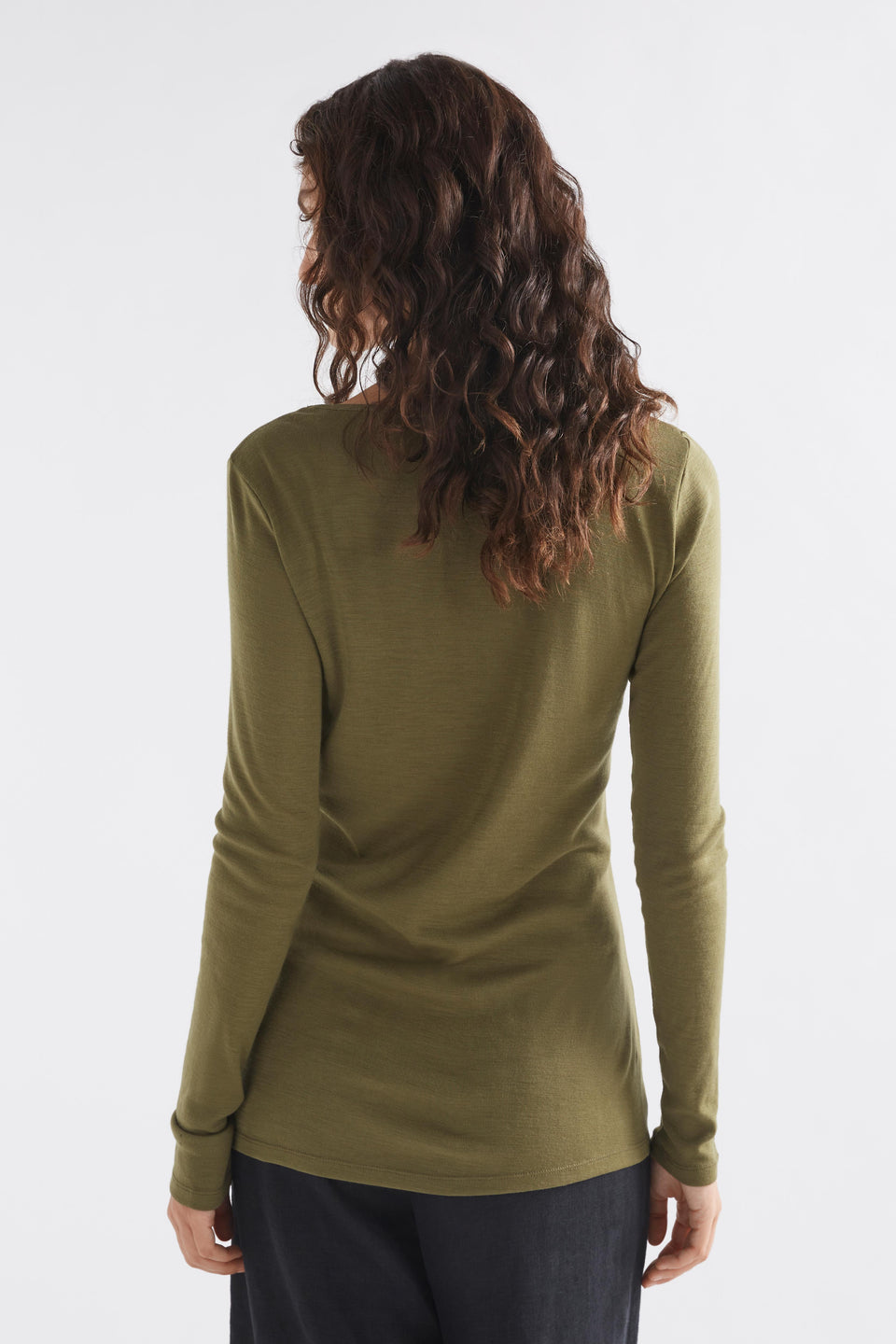 Merino Wool Long Sleeve Skin Top Model Back | OLIVE