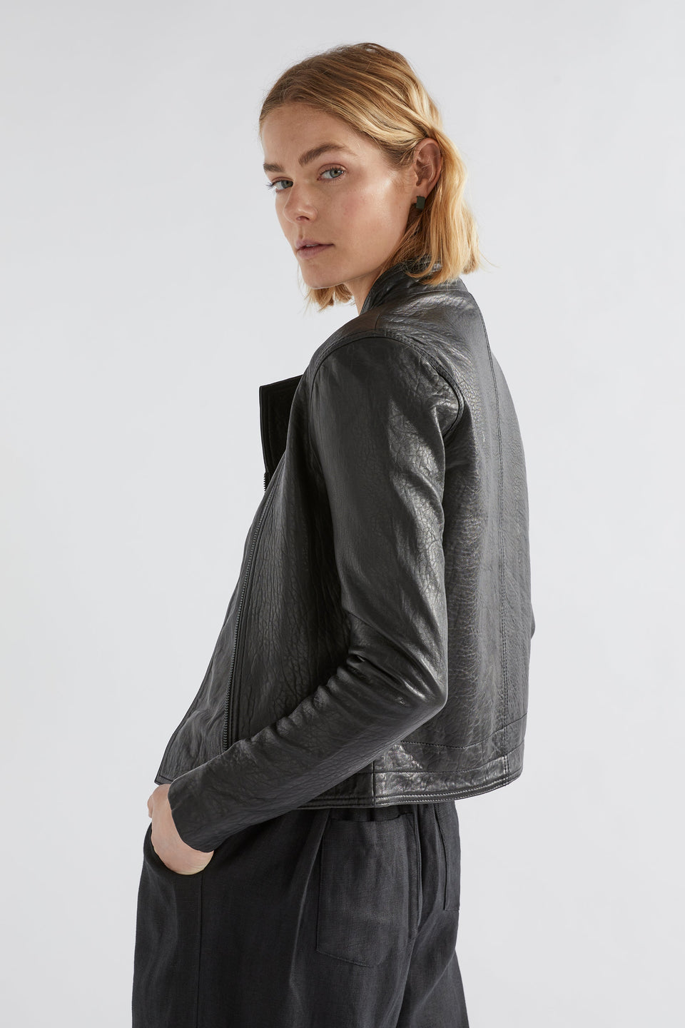 Lader Biker Leather Jacket Model Back | Black