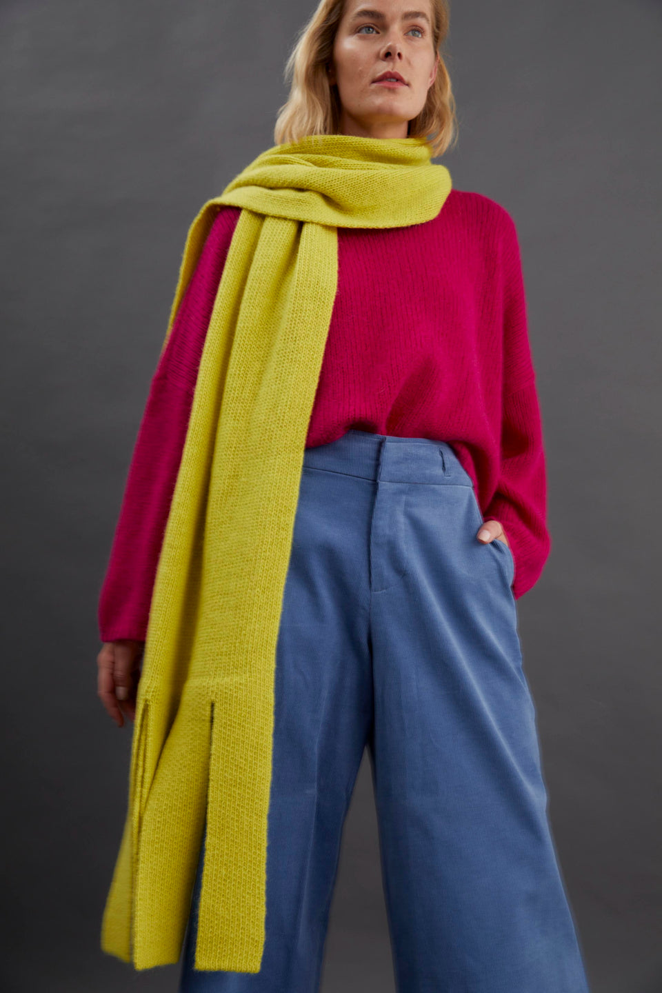 Anga Relaxed Box Fit Alpaca Yarn Knit Sweater Campaign Model Front | BRIGHT PINK