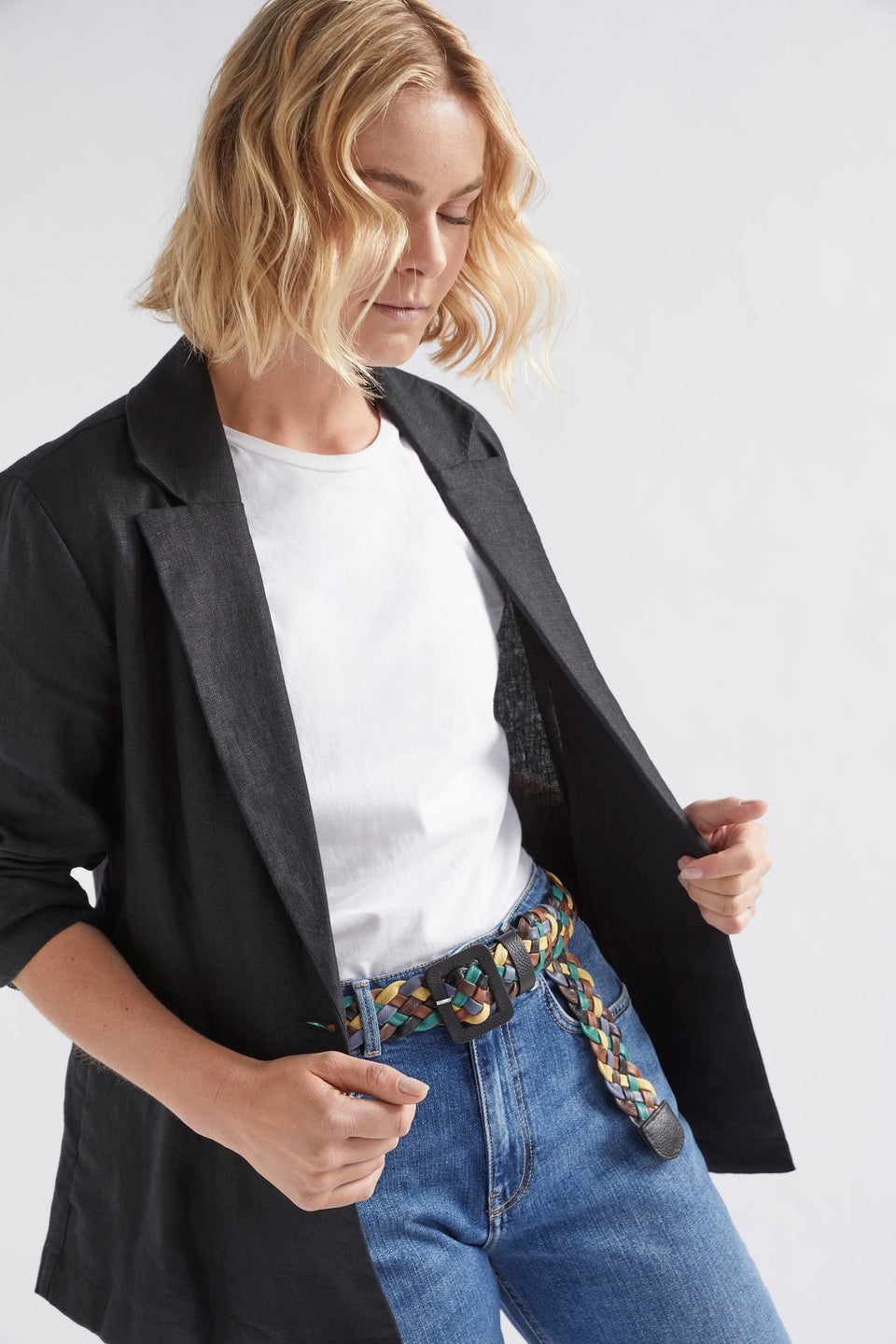 Syd Multi Coloured Leather Woven Belt Model jeans 2 GREEN