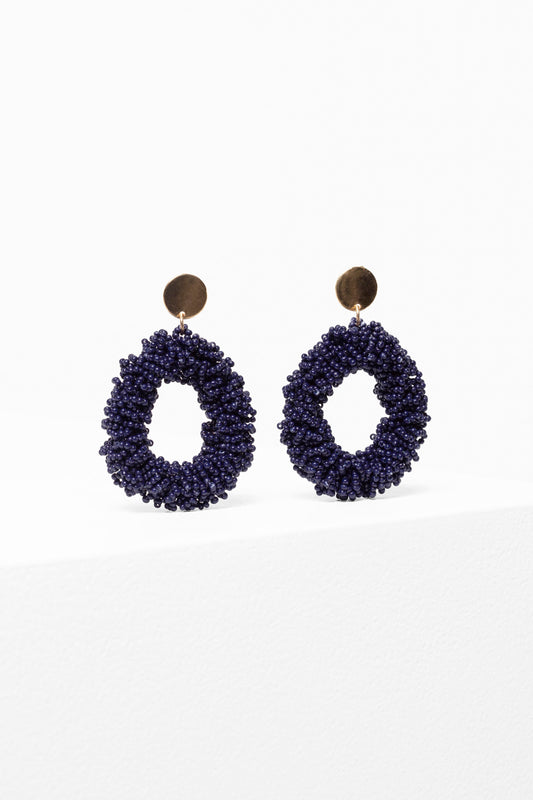 Melu Glass Seed Bead Woven Circle Drop Stud Earring campaign | STEEL BLUE