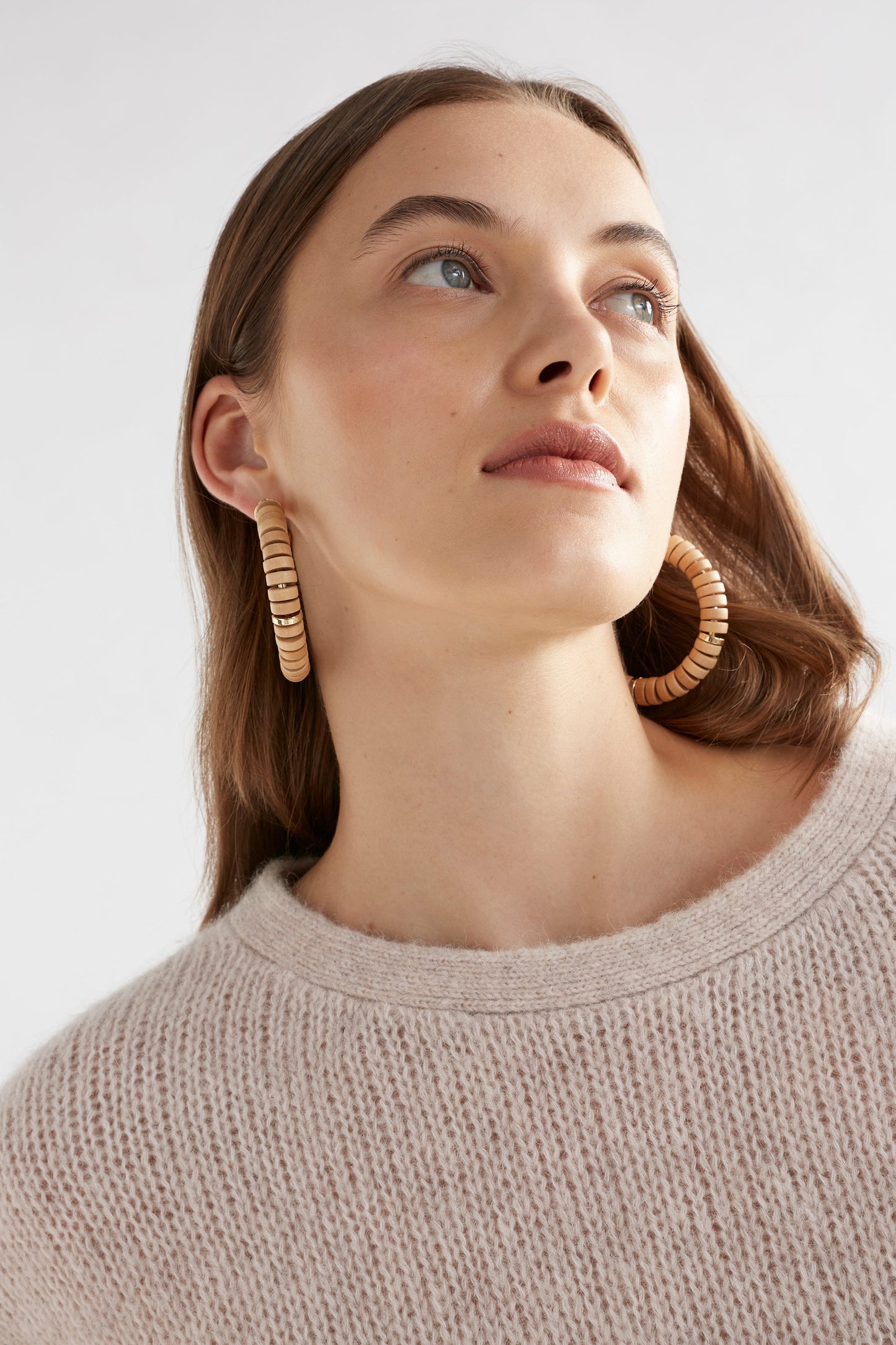 Nima Wooden Disc Hoop Earring Model Side | NATURAL