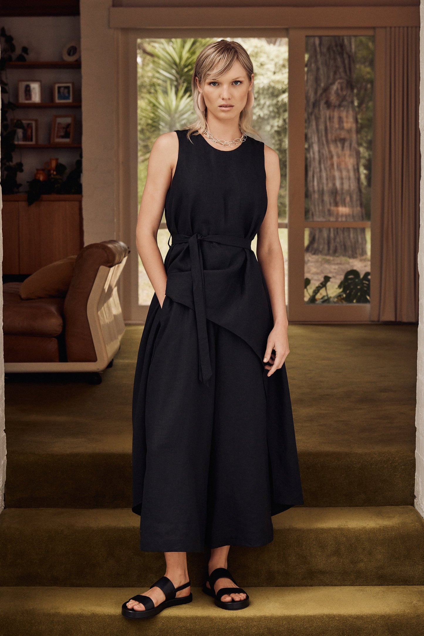 Neza Top and Pant-look Statement Linen Jumpsuit Campaign Model Front | BLACK