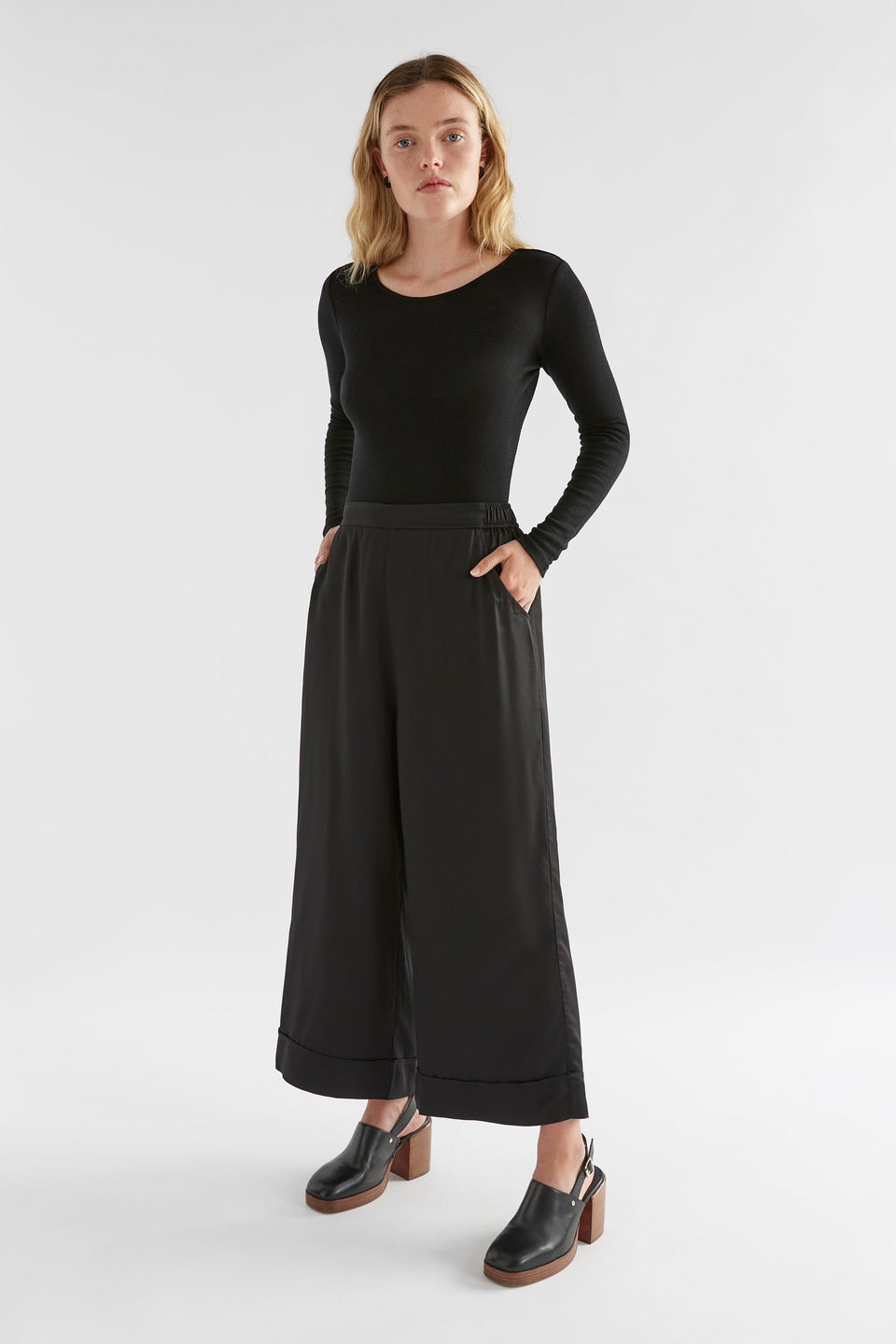 Merino Wool Long Sleeve Skin Top Model Front Full Body | BLACK
