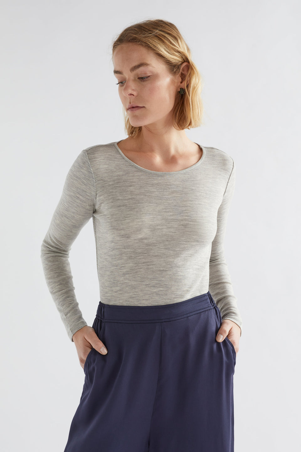 Merino Wool Long Sleeve Skin Top Model Jess Front | GREY