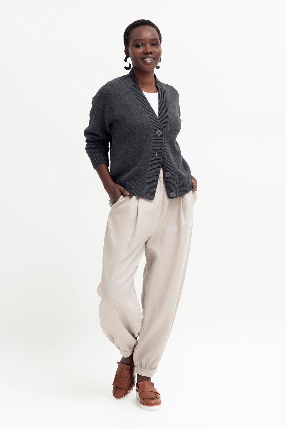 Willow Organic Cotton Everyday Knit Cardigan Model Front Full Body | CHARCOAL MARLE