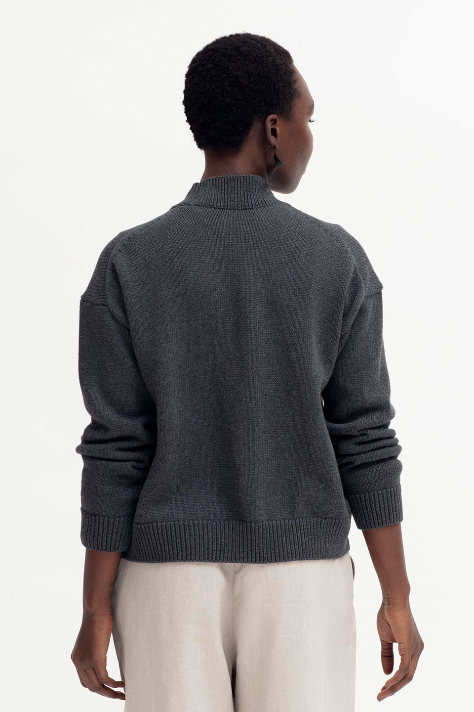 Willow Organic Cotton Everyday Knit Cardigan Model Back | CHARCOAL MARLE