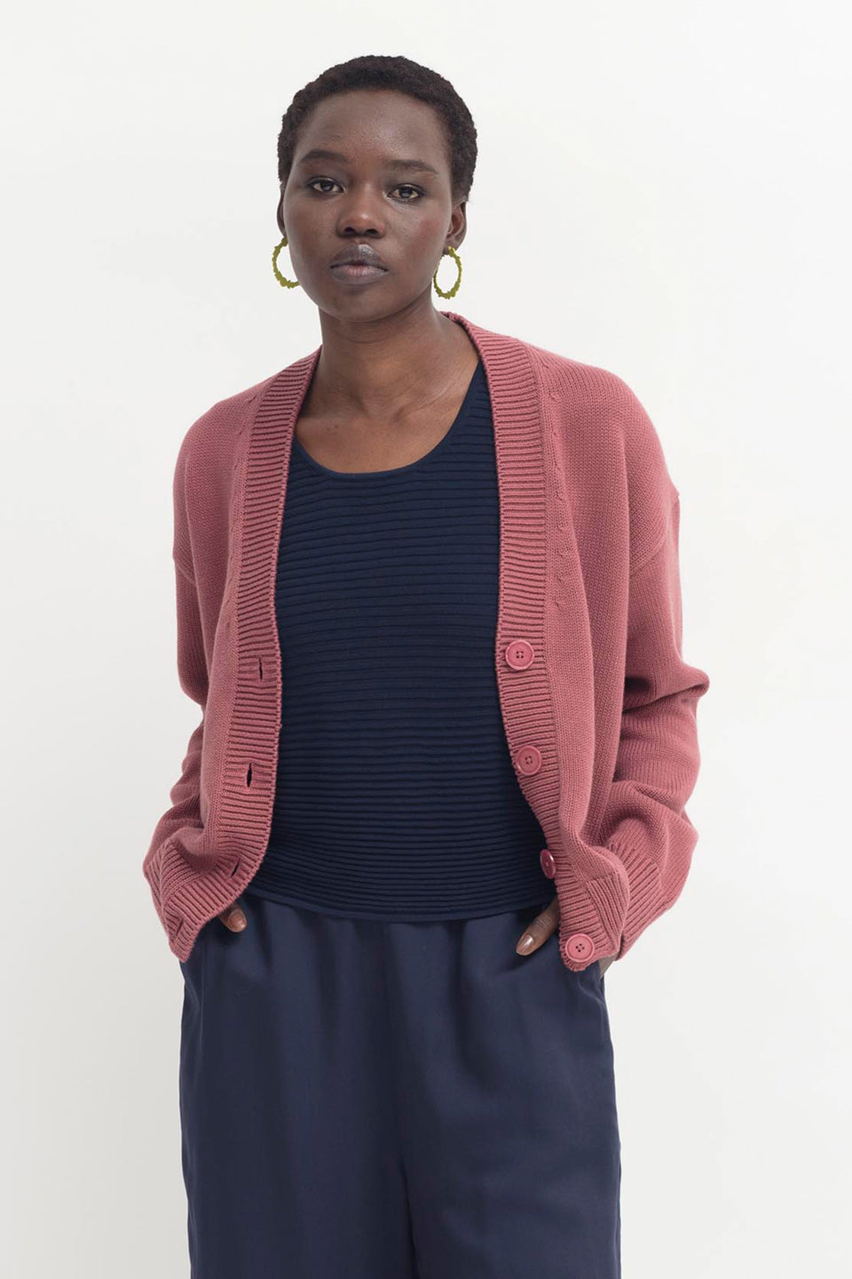 Willow Organic Cotton Everyday Knit Cardigan Model Front | DESERT ROSE