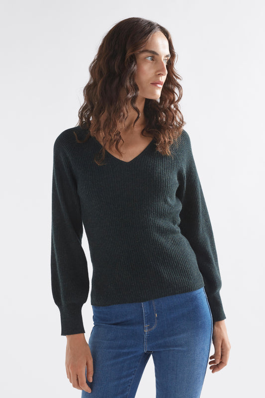 Lysa V-Neck Puff Sleeve Rib Wool Knit Sweater Model Front | BLACK PINE