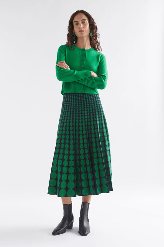 Leira A-Line Midi Metallic Knit Skirt with Circle Design Model Front Full Body | NAVY GREEN METALLIC