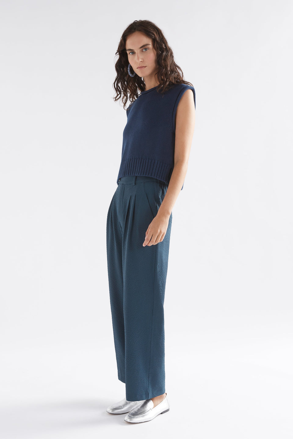 Lunel Organic Cotton Cap Sleeve Rolled Hem Cropped Vest Model Side | DEEP SEA BLUE