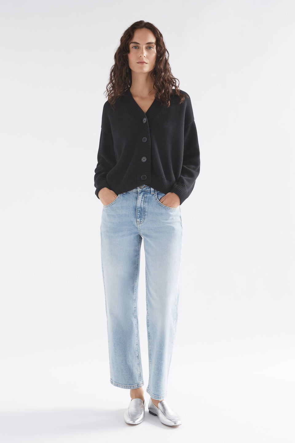 Willow Organic Cotton Everyday Knit Cardigan Model Front Full Body | BLACK