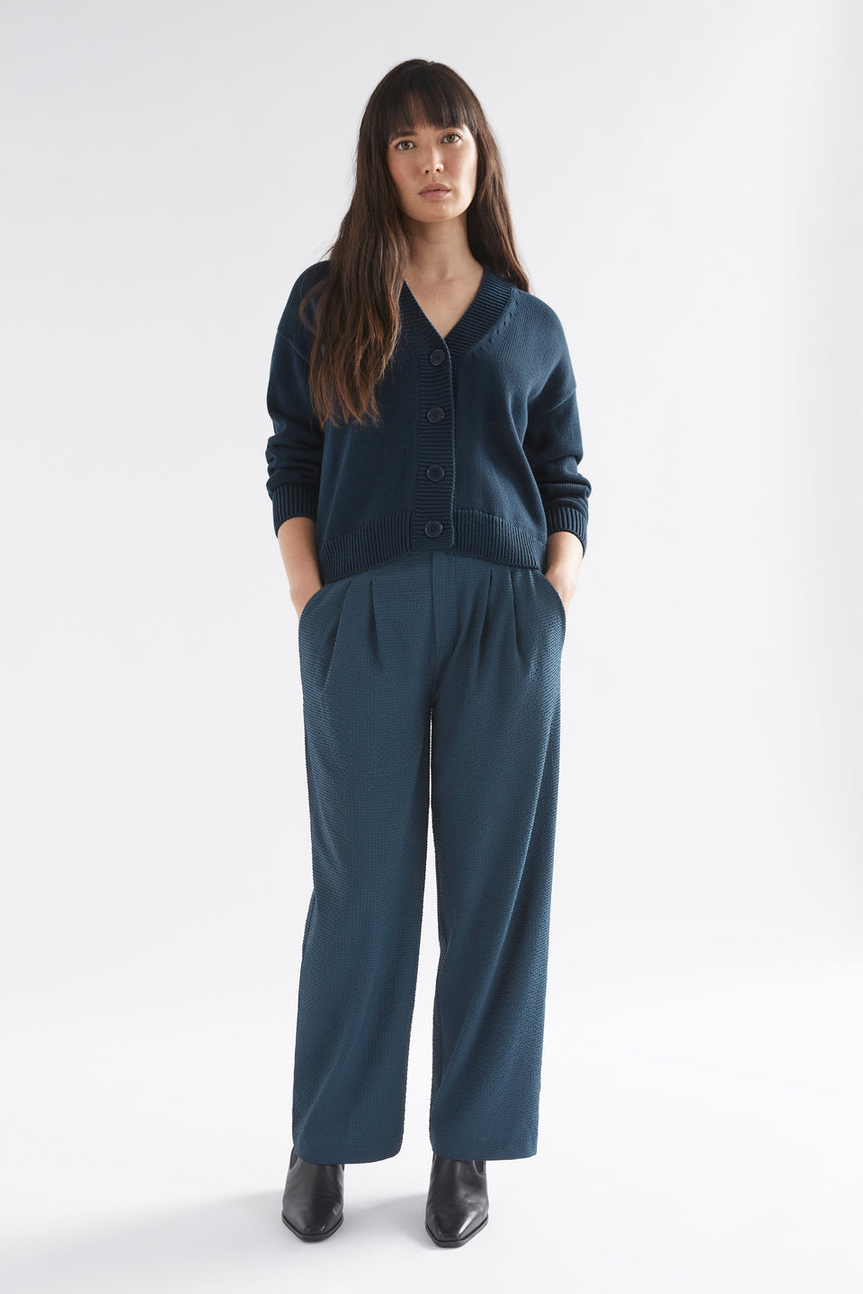 Willow Organic Cotton Everyday Knit Cardigan Model Front Full Body | DEEP SEA BLUE