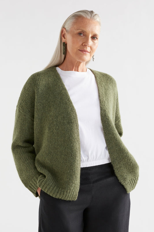 Alli Alpaca Merino Fluffy Wrap Cardigan with Large Safety Pin Closure model Front Open | DARK OLIVE