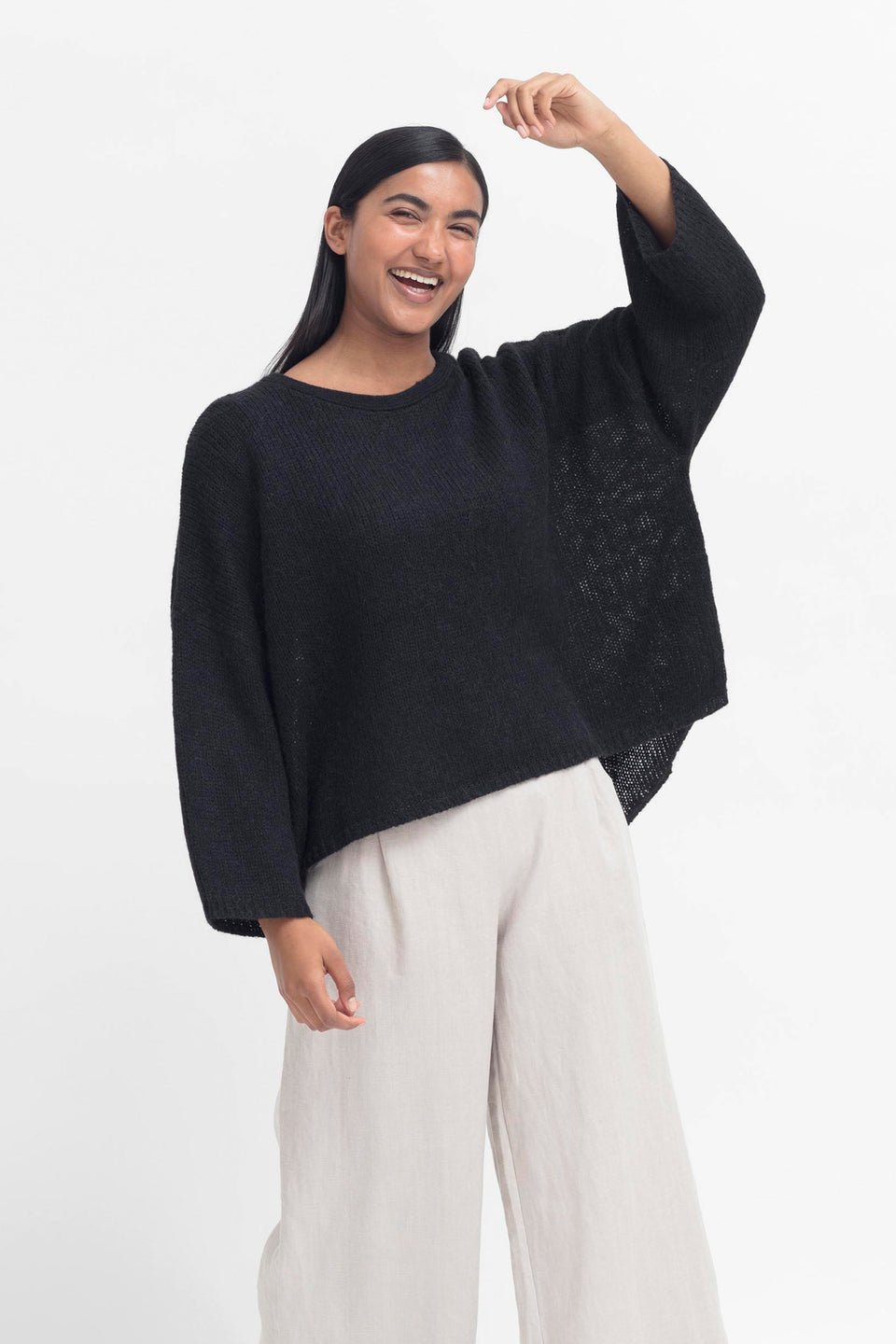 Anga Relaxed Box Fit Alpaca Yarn Knit Sweater Model Front 2 Anastasia | Black
