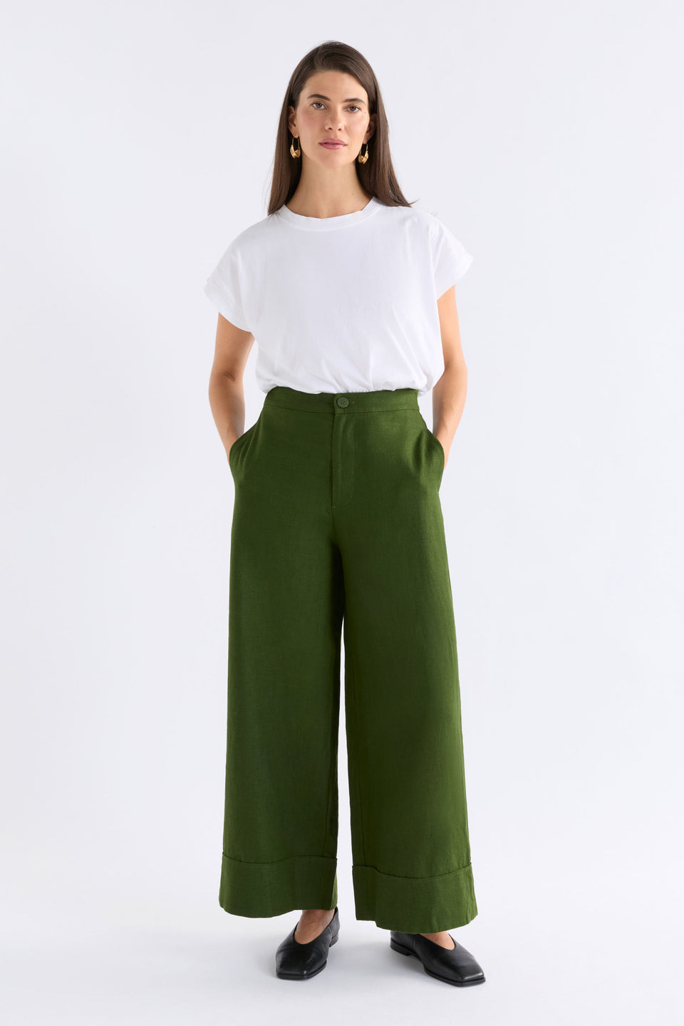 Anneli Linen Pant Model Front | OLIVE