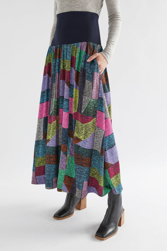Del Multi-coloured Patchwork Print Wide Waist Band Long Skirt Model Front crop | MIDJA PRINT