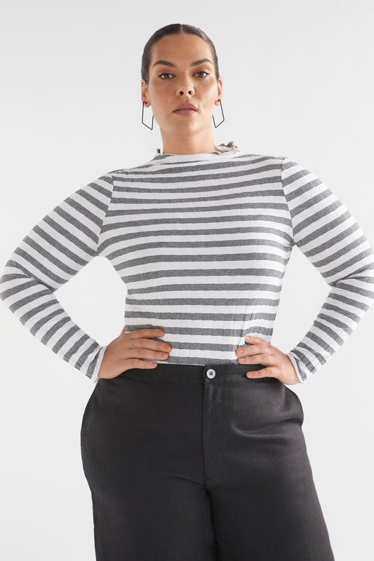 Skiva Striped Organic Cotton Long Sleeve Jersey Turtleneck Top Model Front Curve | WHITE BLACK STRIPE