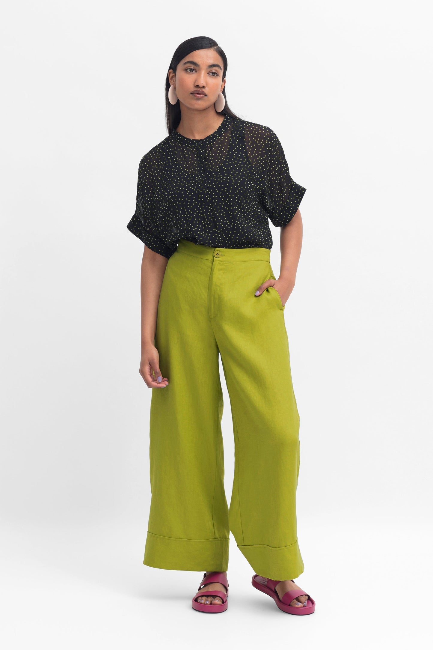 Anneli Light Wide Leg Linen Pant Model Front | LIME