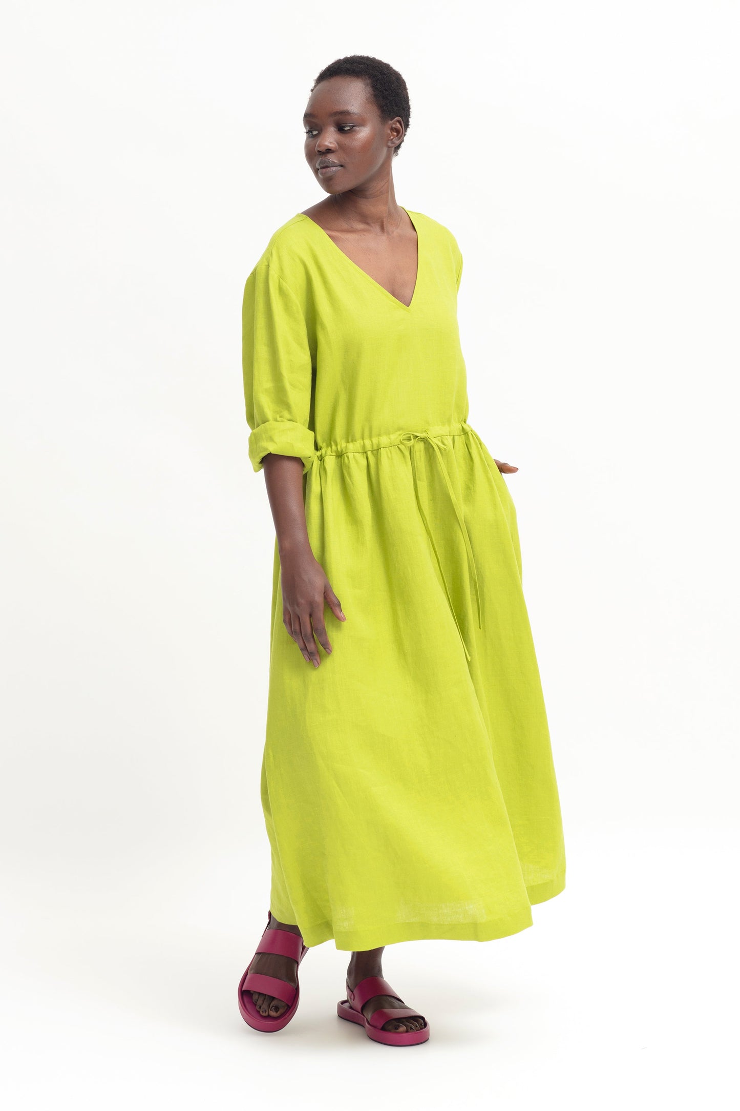 Blossa French Linen Long Sleeve V-neck Long Dress Model Front Sleeves rolled | LIME
