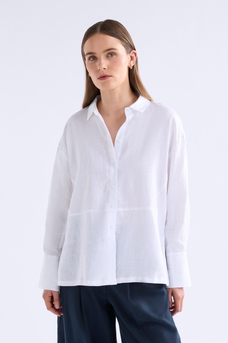 Stilla Linen Shirt with High-Low Hem and Back Pleat Detail Model Front | WHITE