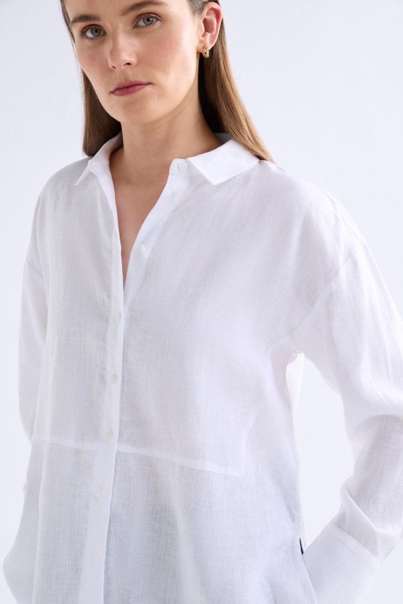 Stilla Linen Shirt with High-Low Hem and Back Pleat Detail Model Front | WHITE