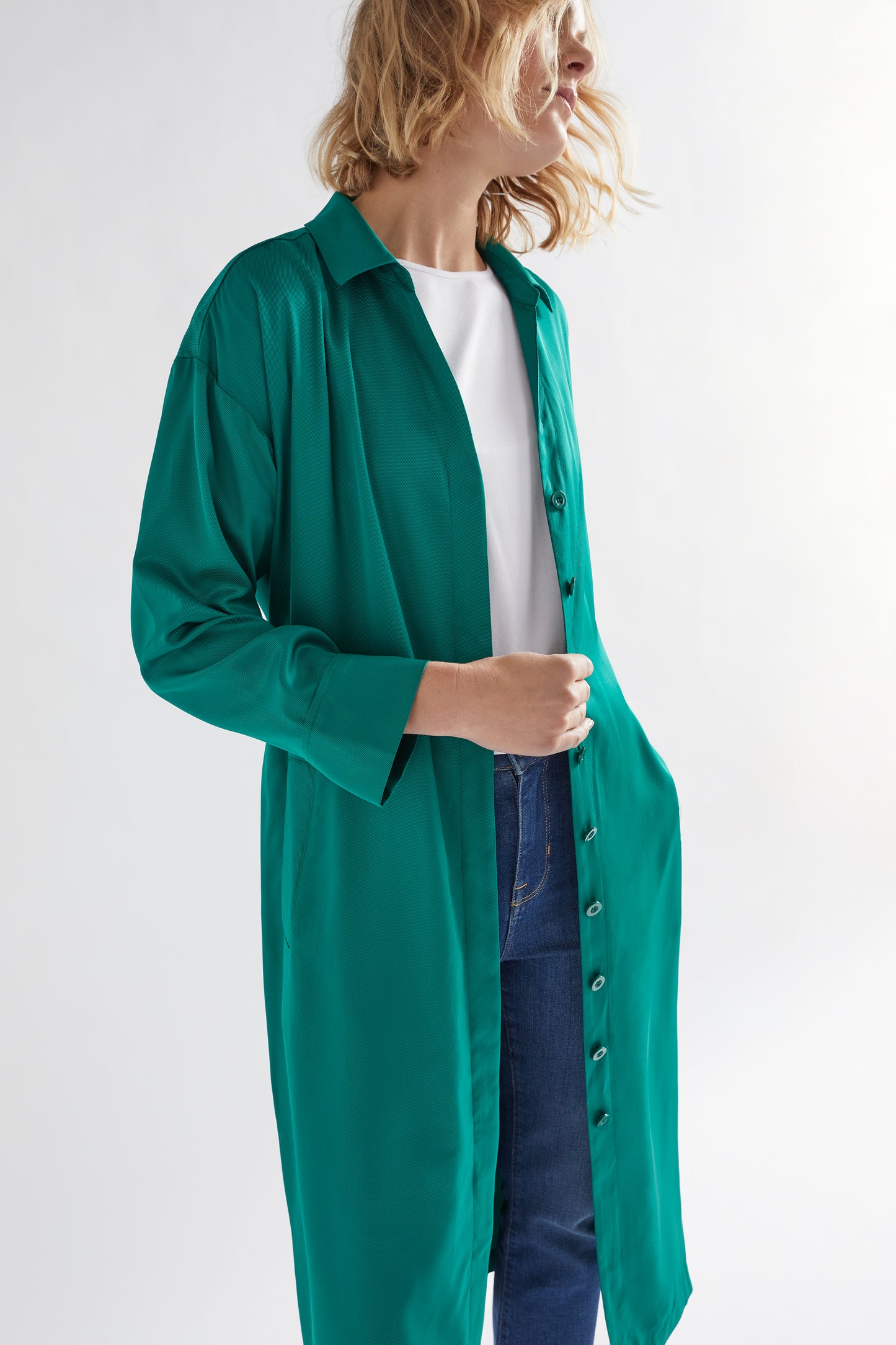 Vail Long Sleeve Shirt Dress as Jacket Model Front as jacket 2 | JEWEL GREEN