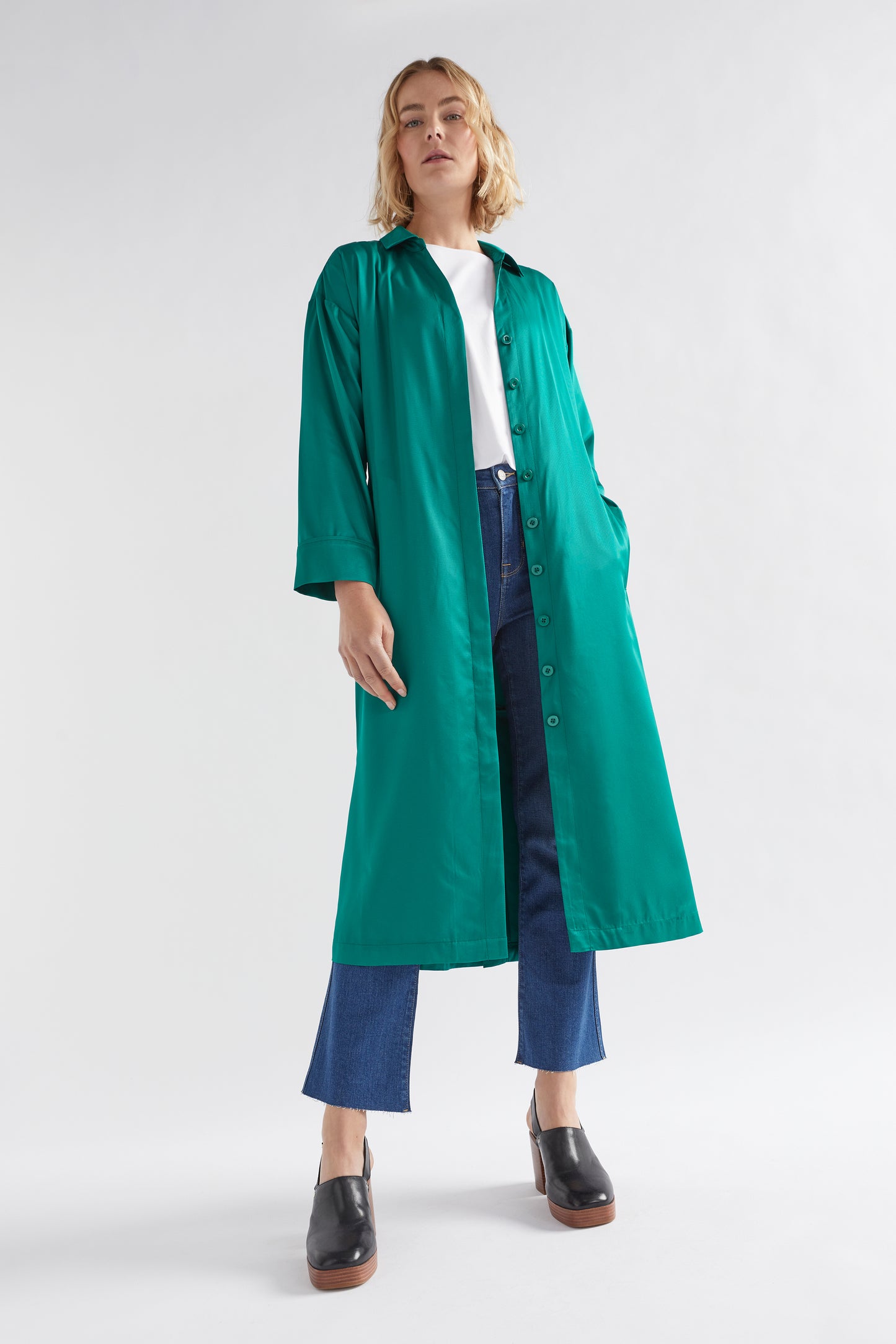 Vail Long Sleeve Shirt Dress as Jacket Model Front | JEWEL GREEN
