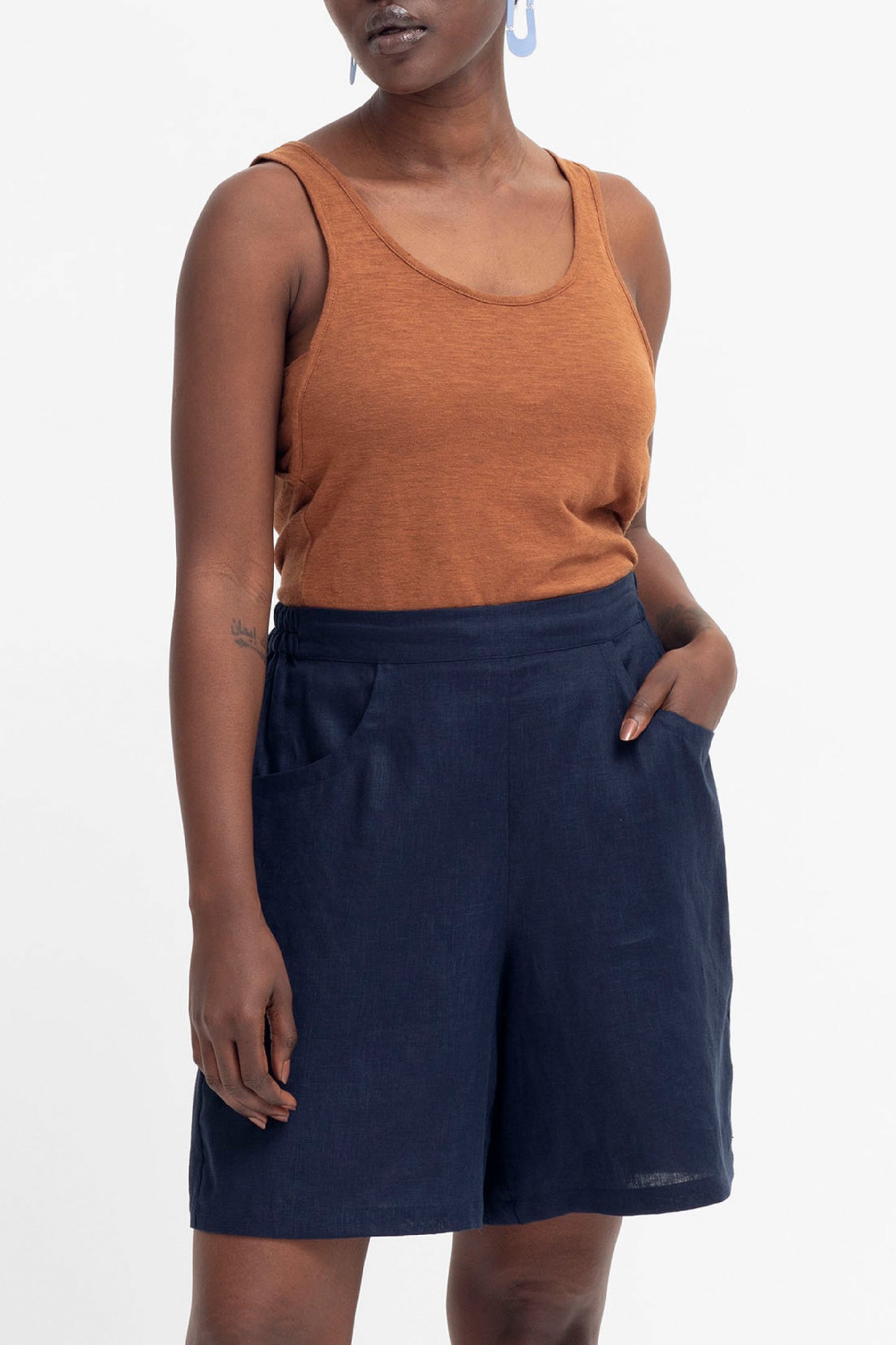 Strom Mid Length Linen Short Model Angled Front Full Body Crop | STEEL BLUE