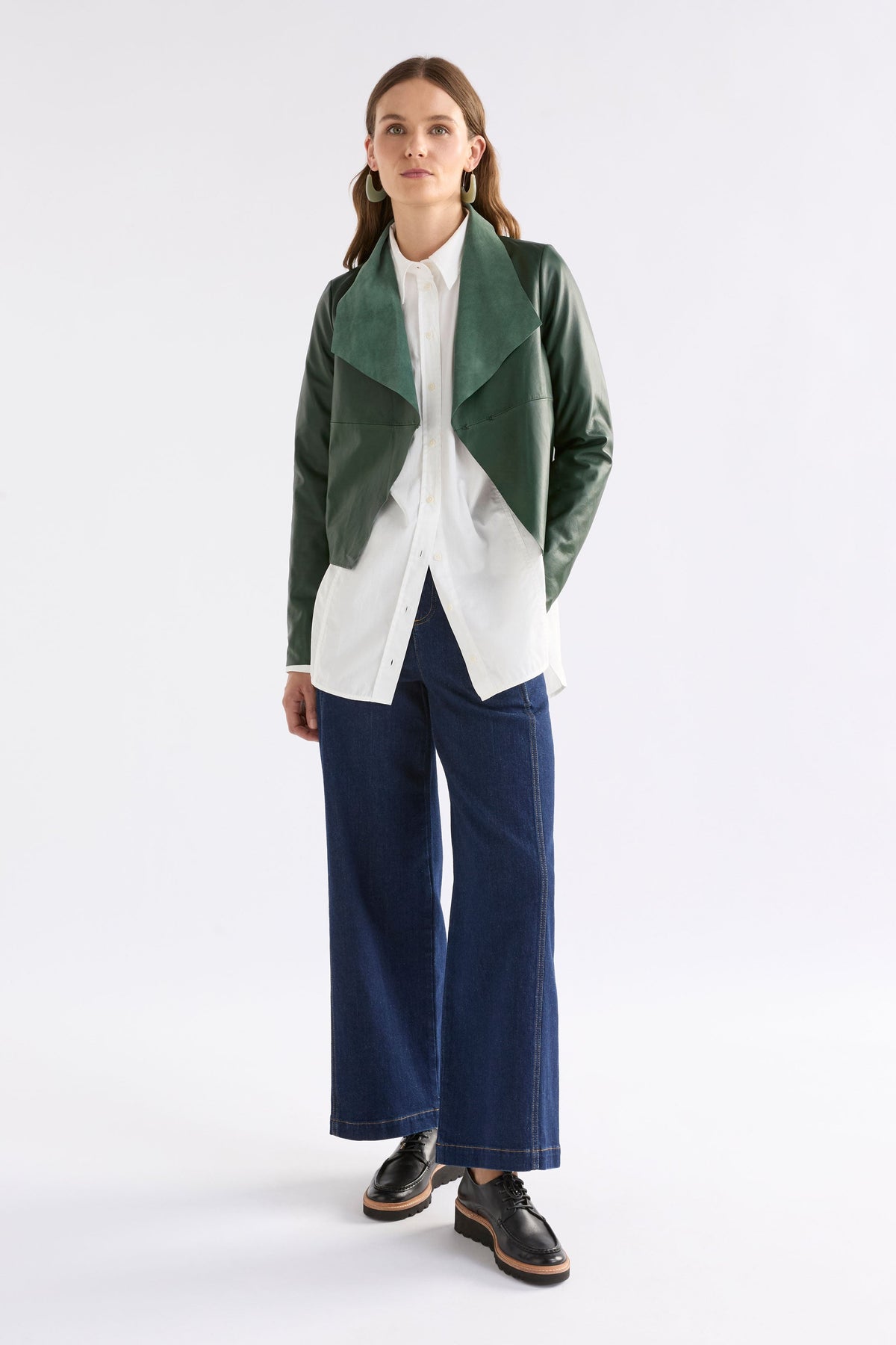 Fine Lamb's Leather Lightweight Waterfall Neckline Jacket Model Front Full Body | MILAN GREEN