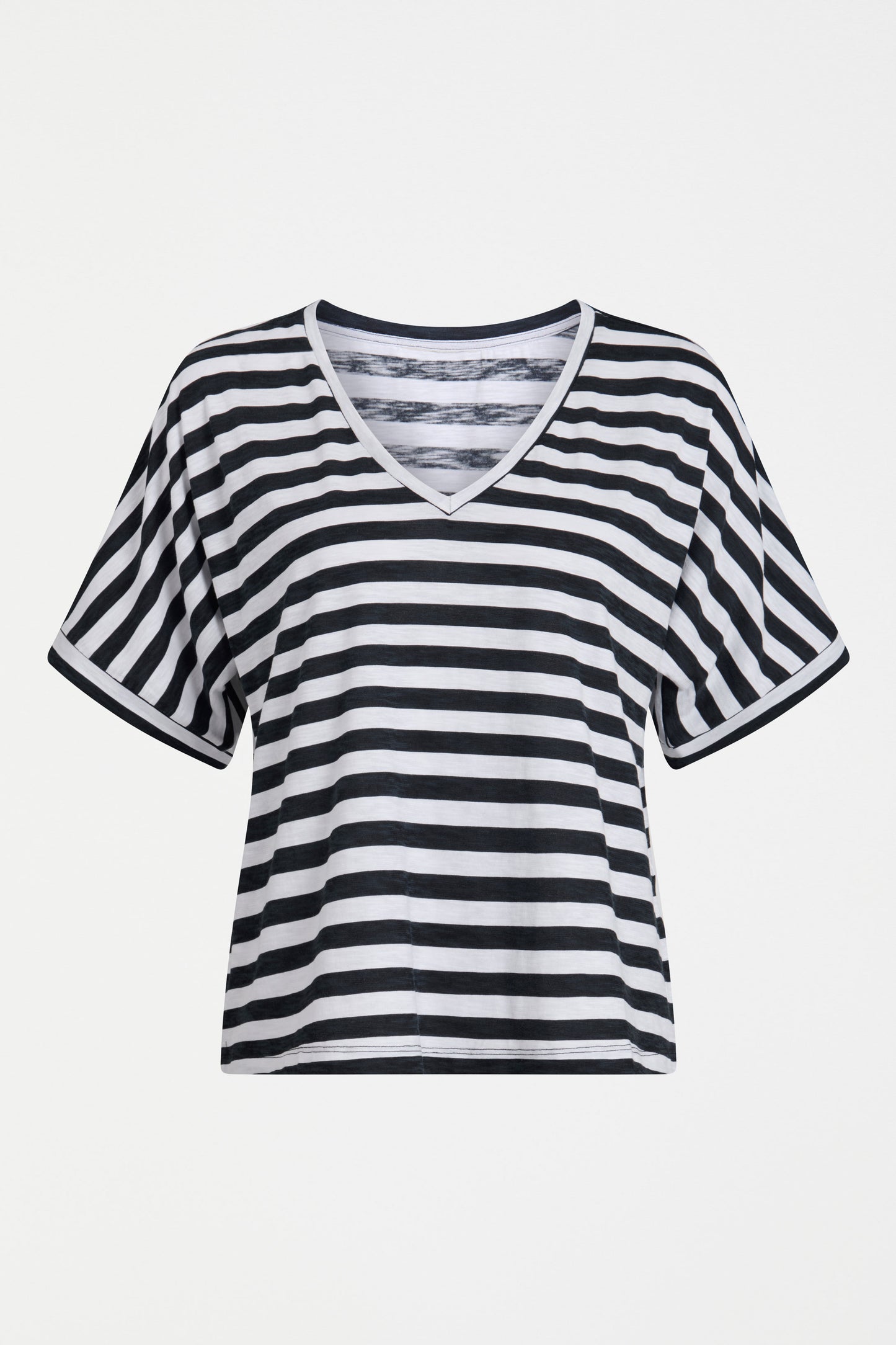 Seter Organic Cotton V-Neck Striped Jersey Tee Front | BLACK WHITE