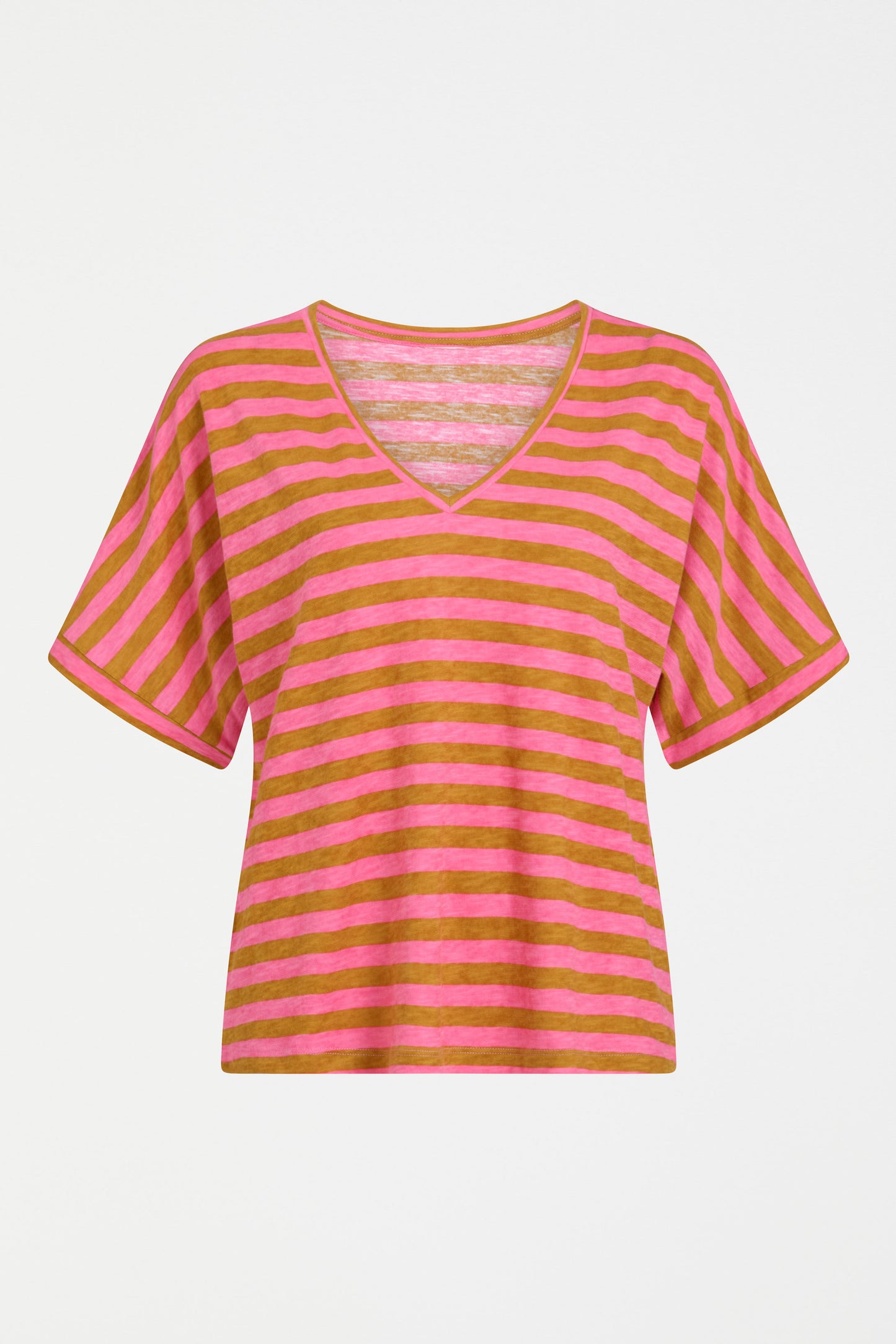 Seter Organic Cotton V-Neck Striped Jersey Tee Front | HONEY GOLD PINK