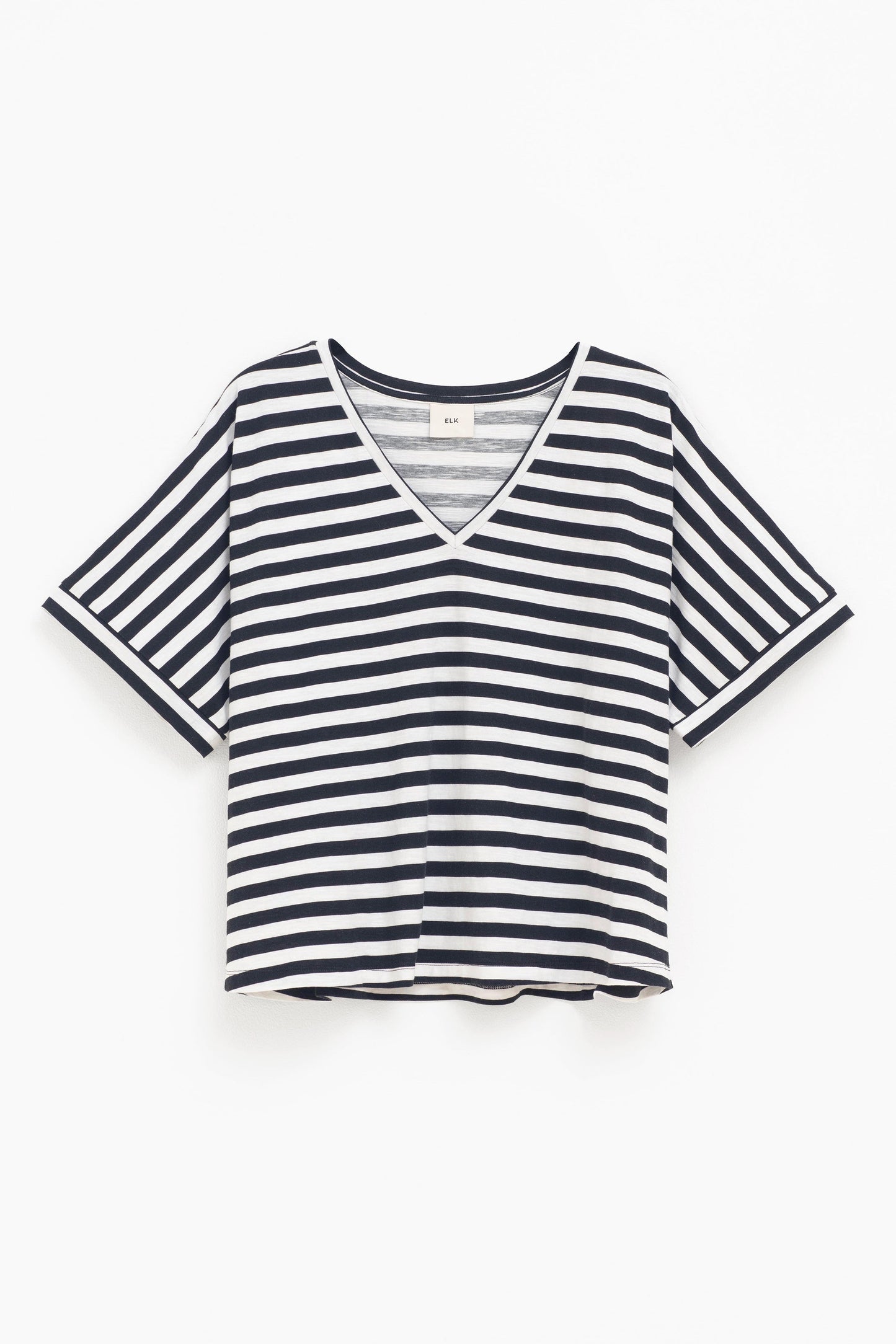 Seter Organic Cotton V-Neck Striped Jersey Tee Front | BLACK WHITE