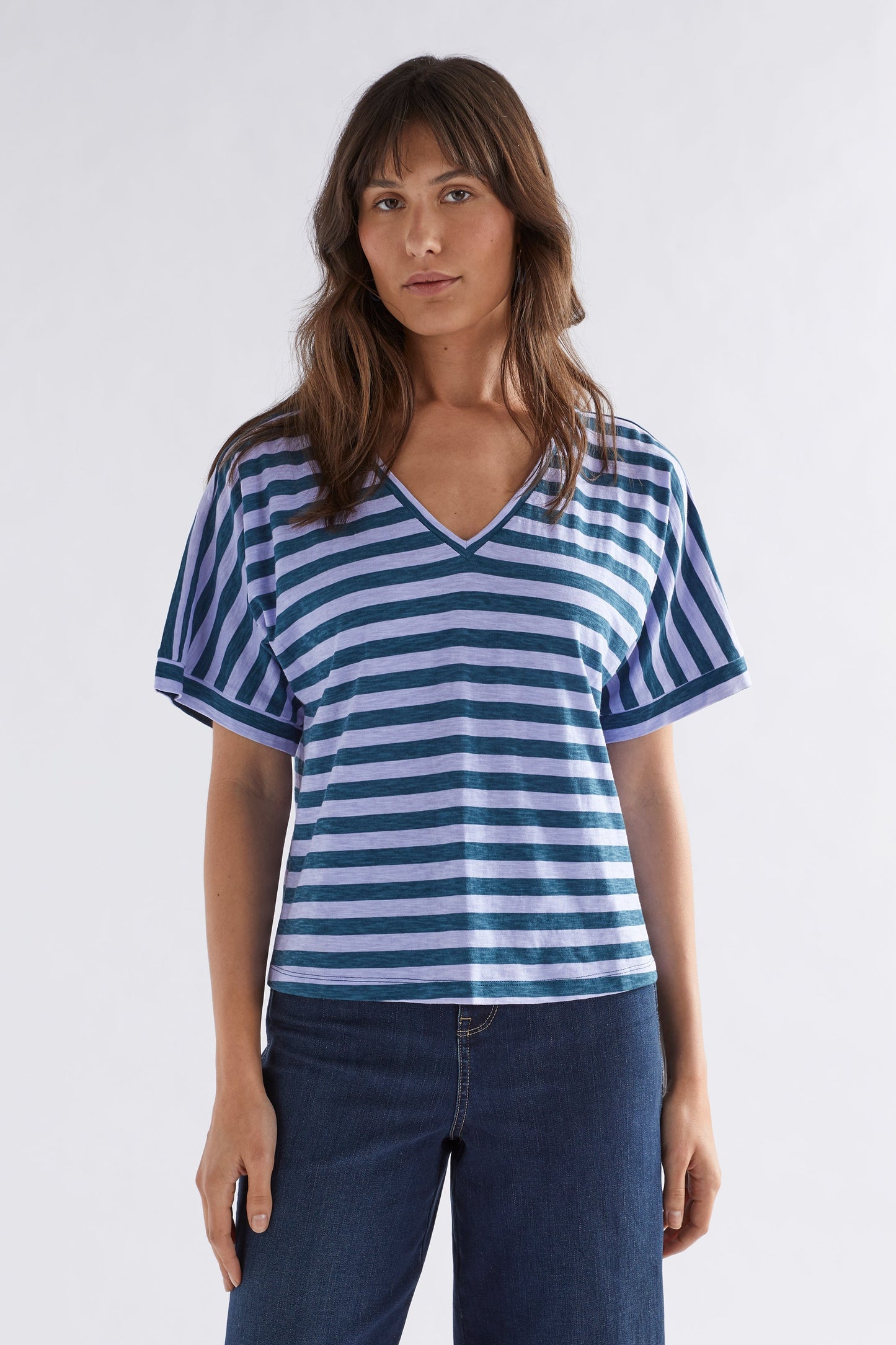 Seter Organic Cotton V-Neck Striped Jersey Tee Model Front | PEACOCK HAZE