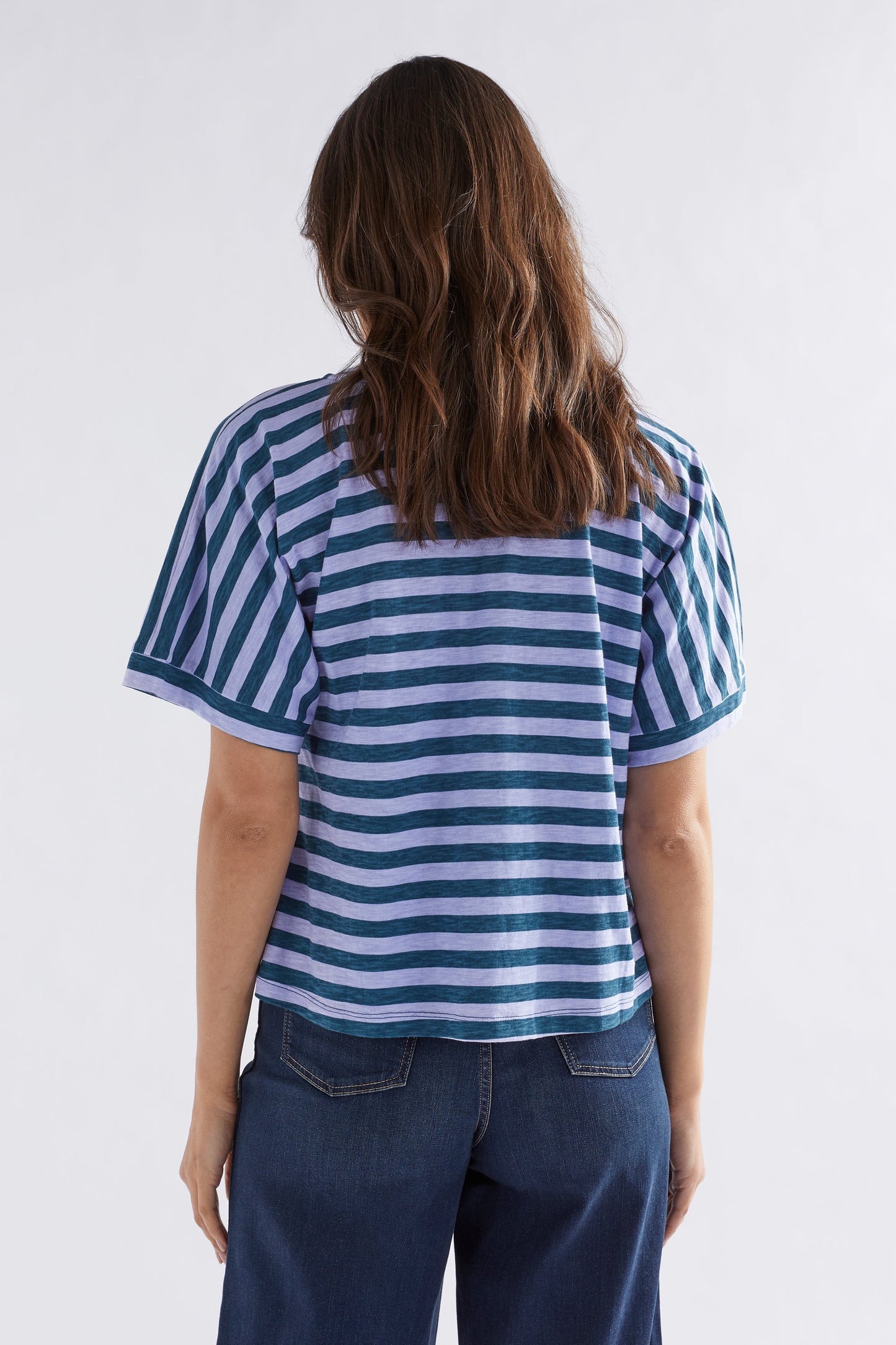 Seter Organic Cotton V-Neck Striped Jersey Tee Model Back | PEACOCK HAZE