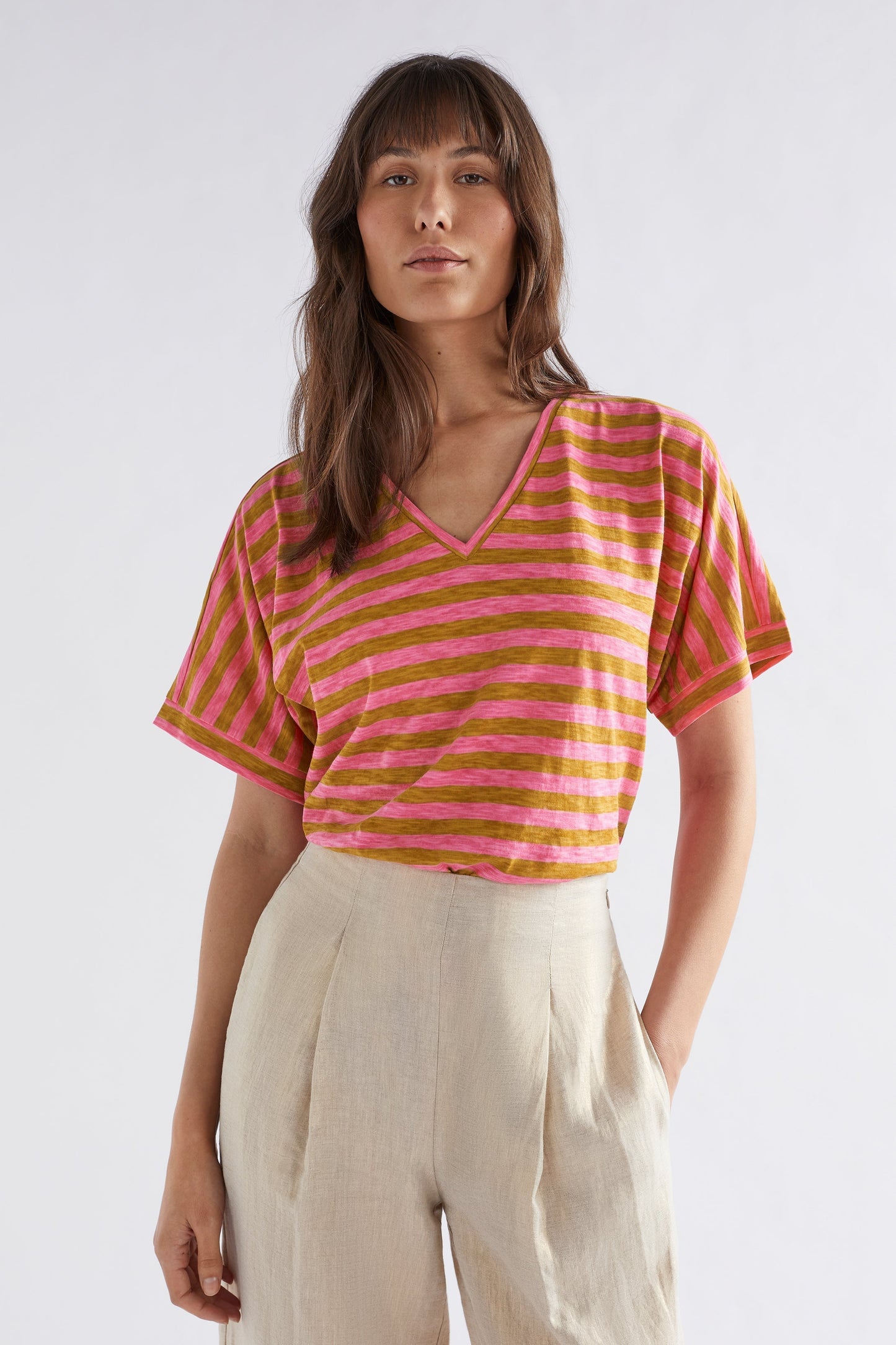 Seter Organic Cotton V-Neck Striped Jersey Tee Model Front | HONEY GOLD PINK