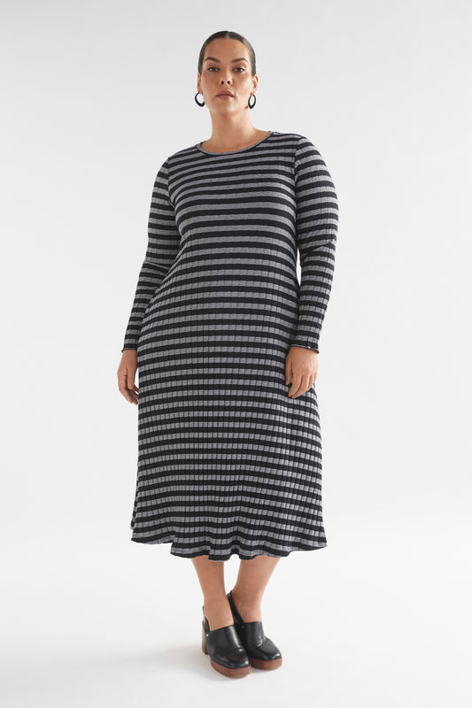 Skiva Striped and Ribbed Organic Cotton Long Sleeve Jersey Dress Model Front Curve | BLACK WHITE STRIPE