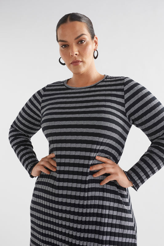 Skiva Striped and Ribbed Organic Cotton Long Sleeve Jersey Dress Model Front Curve Crop | BLACK WHITE STRIPE