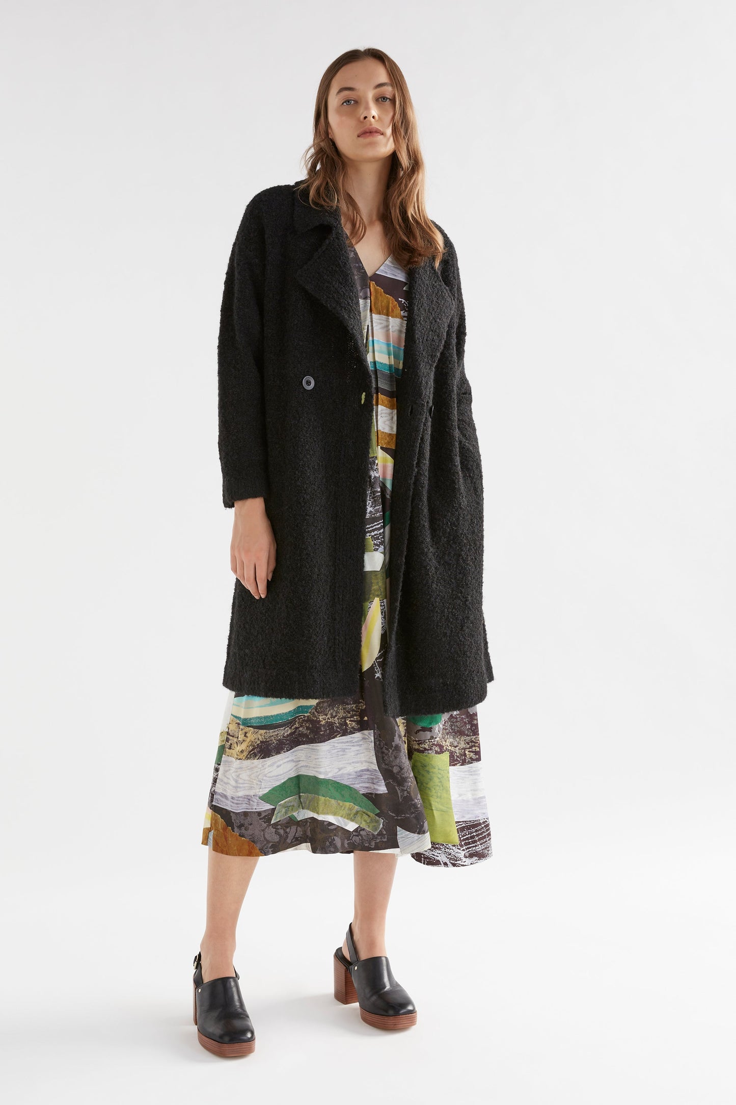 Lenne V Neck Print Long Sleeve Midi Dress with Pin Tuck Detail Model Front with Tische Cardigan | LUNA PRINT