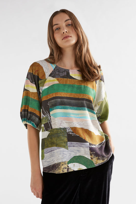 Lenne Silky Print Balloon Sleeve Round Neck Top Model Front | LUNA PRINT