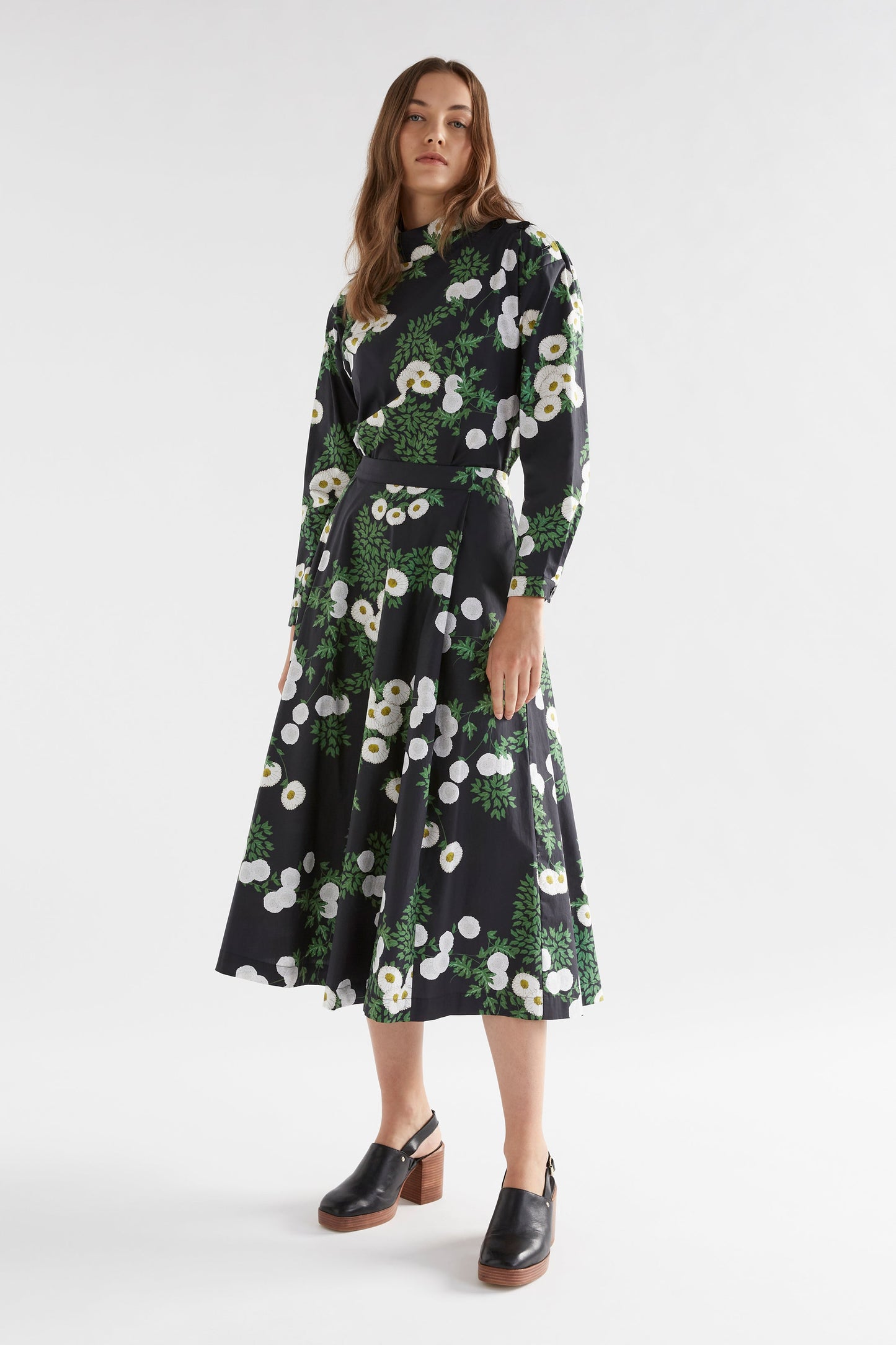 Blaec Midi Length Printed Gathered Skirt Model Front Full Body with Blaece Top | FIELD PRINT