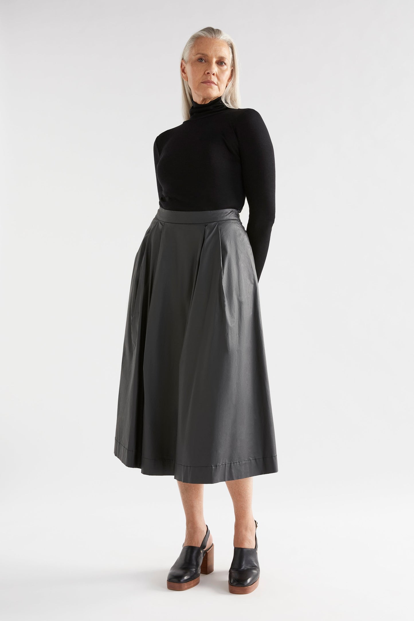 Lustre Leather-Look A-line Midi Gathered Skirt Model Front Full Body | BLACK