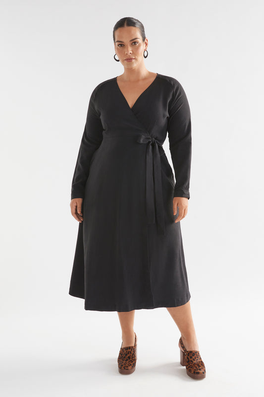 Edita Long Sleeve Midi Wrap Dress Model Front Curve | BLACK