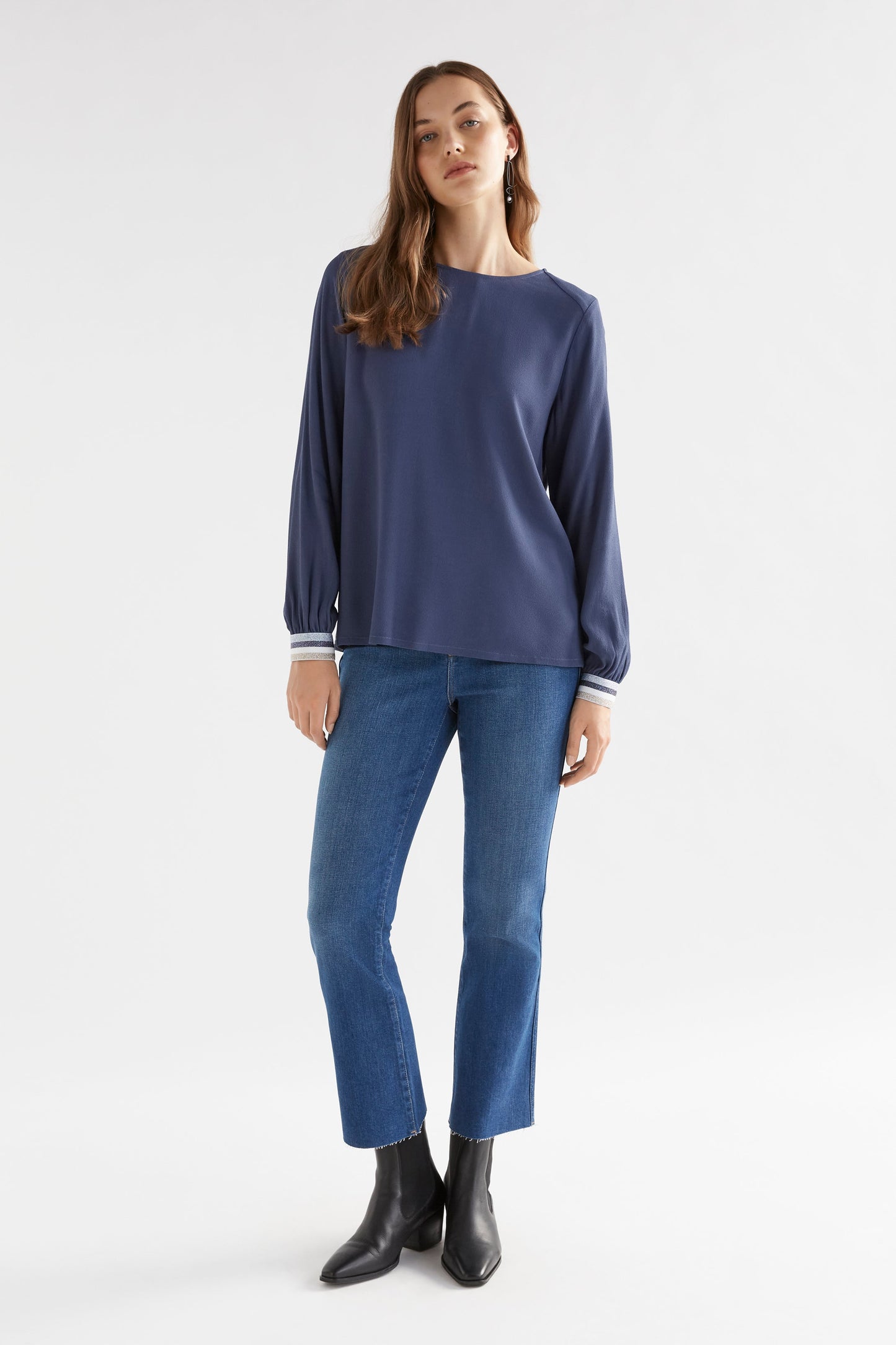 Odin Round Neck Long Sleeve Top with Lurex Elastic Cuff Model Full Body | SLATE BLUE