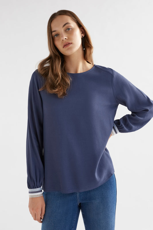 Odin Round Neck Long Sleeve Top with Lurex Elastic Cuff Model Front | SLATE BLUE